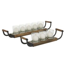 DecMode 8 Holder Brown Wood Tealight Candelabra, Set of 2