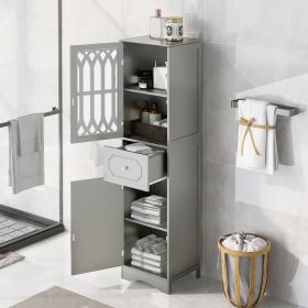 Tall Bathroom Cabinet;  Freestanding Storage Cabinet with Drawer and Doors;  MDF Board;  Acrylic Door;  Adjustable Shelf (Color: Grey)